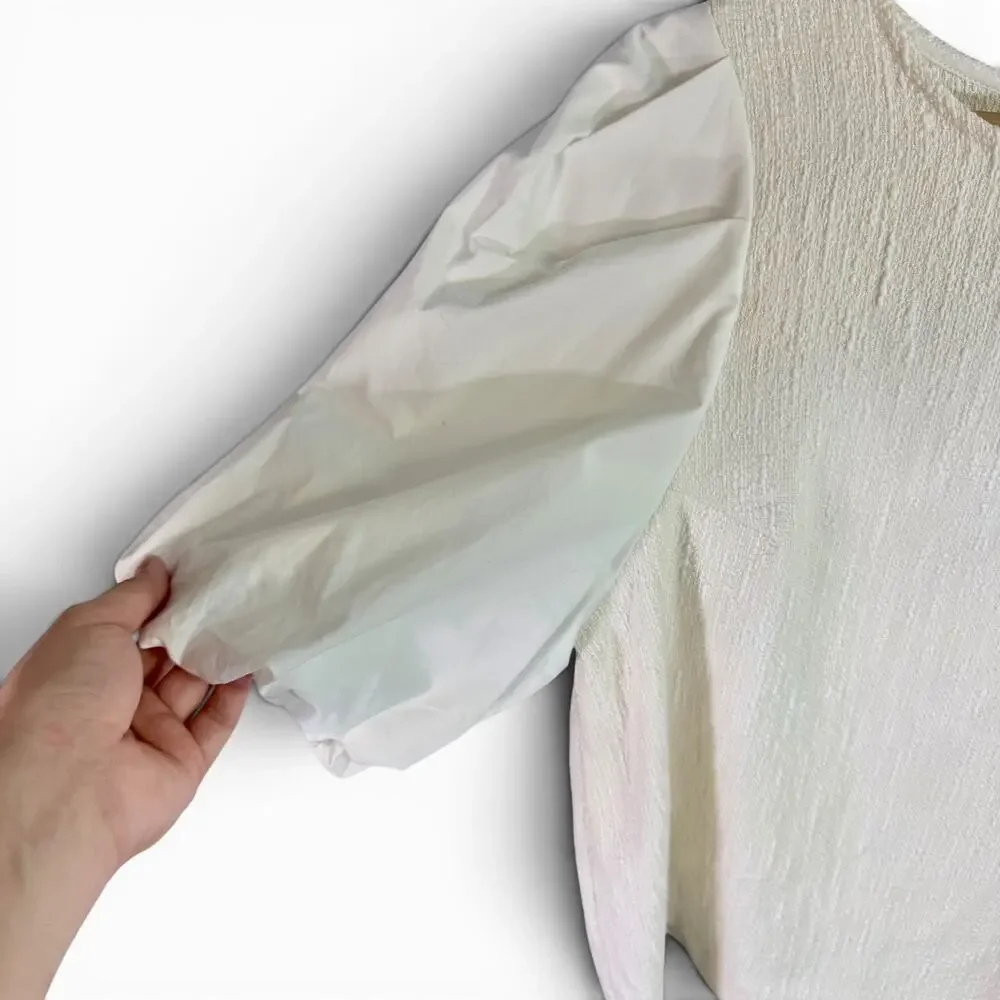 By Anthropologie NWT (Flaw) Women's Petite Large White Cream Puff Sleeve Blouse